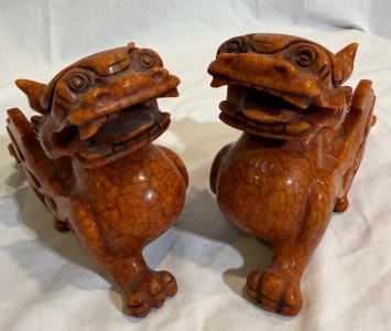 Asian Artifact - Pair of Red Chinese Dragons, Carved Soapstone. L 20 cm each.