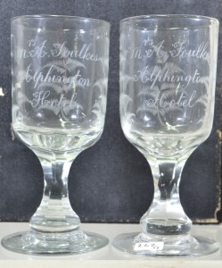 Antique Glass - Victorian Ale glasses, 1 pair, "Mrs. A. Foulkes, "Alphington Hotel" etched. Decorated with etched fern leaves.