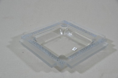 Art Glass - R. Lalique France, Square Bowl, with daisy design in light blue and frosted border. Chips to rim and internal corner.