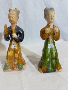 Asian Artifact - Tang Style Statues x2, H 23cm. Firing crack to inside.