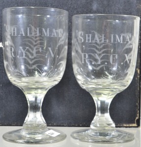 Antique Glass - Victorian Ale glasses, 1 pair, "R.Y.C.V. Shalimar" (royal yacht club of Victoria) etched. Decorated with etched fern leaves.