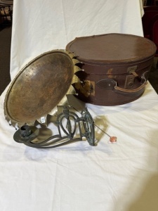 Group Lot (4) - Leather Hat Box, Large Hat Pin, Piano Sconce, Decorative Plated Bowl. A/F