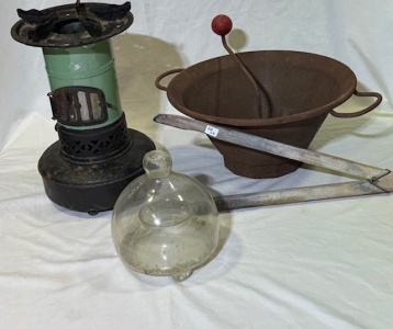Kitchenalia - Group Lot (4) - Kerosene heater & Food Wamer, Timber Laundry Tongs, Large Moule, Glass Fly Trap.