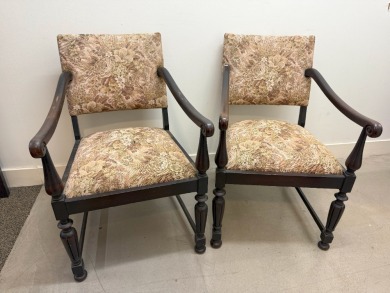 Furniture - A pair of Stamped Rosen Stengel silky oak cavers with upholstered.