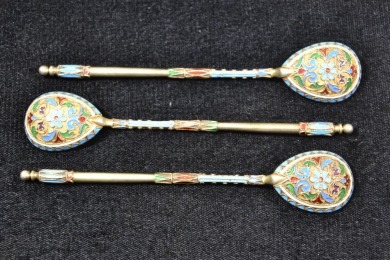 Silver - Antique Imperial Russian, Teaspoons x3, Cloisonne & Silver. Marked St Petersburg, Hallmarked 840, W 58g L 12 cm