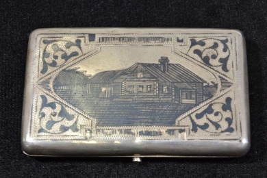 Silver - Antique Imperial Russian, Cigarettes Case. Niello engraved with Building, Stamped "CH", Hallmarked 840, W 150g L 12 cm