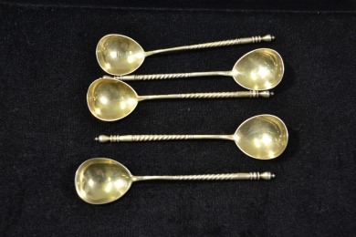 Silver - Antique Imperial Russian, Teaspoons x5, Niello Engraving. Marked Moscow 1881, Hallmarked 840, W 82g L 13 cm