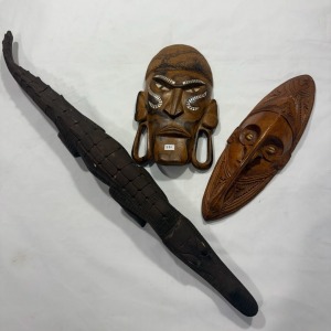 Tribal Artefacts - Group Lot (3) - Two masks H 40cm, One Crocodile L 80cm