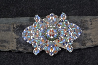Silver - Antique Imperial Russian, Belt with Cloisonne & Silver design belt buckle. Hallmarked 'CK' 840, W 97g