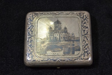 Silver - Antique Imperial Russian, Cigarettes Case. Niello engraved featuring Building with Onion Dome, 1889 Hallmarked 840, W 121g L 8.5 cm