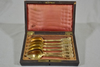 Silver - Soild Silver Gilt Teaspoon Set (6) in Box, - French Hallmark, W 123g