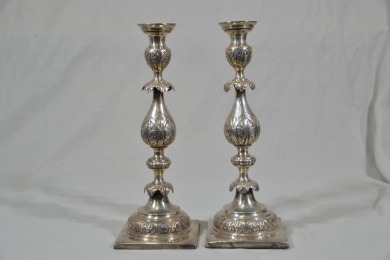Silver - Russian Candlesticks 1875 x2 - Marked 840 Silver, H 36cm, W 2703g combined.