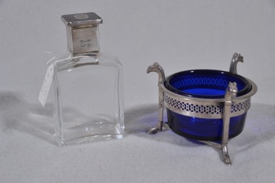 Silver - Hallmarked items x2, Cologne Bottle & Salt Pot, Salt pot frame weighs 62g