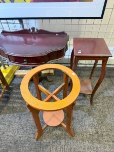 Furniture - Tables x3 - Silky Oak wash bowl stand, Chipboard Plant stand, Cedar Console Table with Carved Legs