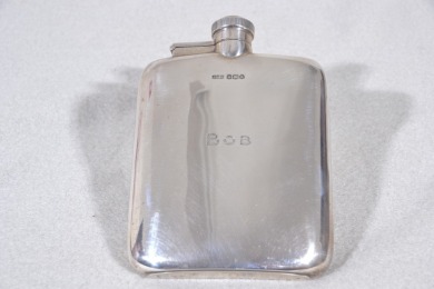 Silver - Hip Flask, Engraved 'Bob' - Hallmarked to Front, W 187g