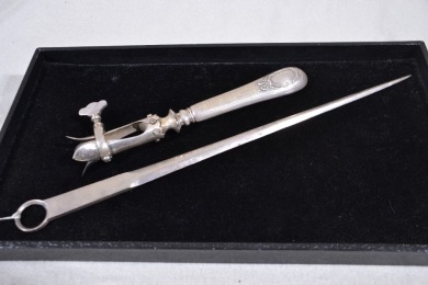 Silver - Shefield Plate x2 - Meat Skewer with hallmarks & Gigot Bone Holder with French marked, Handle possibly unmarked silver