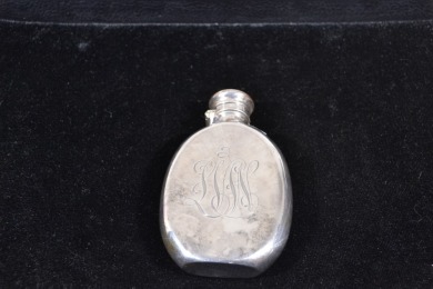 Silver - Hip Flask, Etched Monogram to front - Marked "Sterling", W 160g