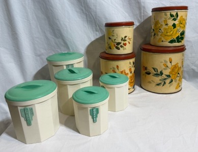 Kitchenalia - Cannister sets x2, 1 x Willow ware with yellow flowers, 1 x Iplex Adelaide Green & Cream.
