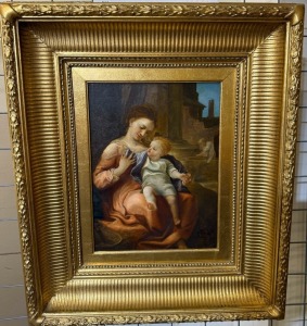 Artwork - Mother with child After Coregio, Oil on board, Heavy gilt frame, 60 x 54 cm
