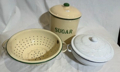 Kitchenalia - Group Lot (3) - Enamel ware - One cannister, One Lidded Steamer, On Collander.