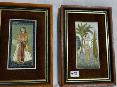 Artwork - Indian hand painted miniatures x2 on non - composite. 18 x 12cm. Visible wear.
