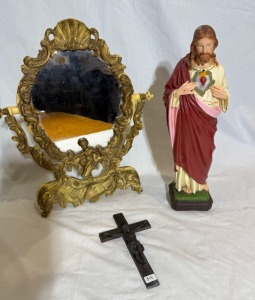 Group Lot (3) - Italian plastic Christ figure H 38cm, Mix metal Crucifix, Diamond Brand vintage Vanity mirror decorated with Cupids.