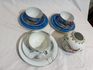 Asian Items - Group Lot (4) - 3 x Duo's with Silhouette of Geisha to base, two with dragon theme the other bamboo, One Ginger jar with pheasant decoration