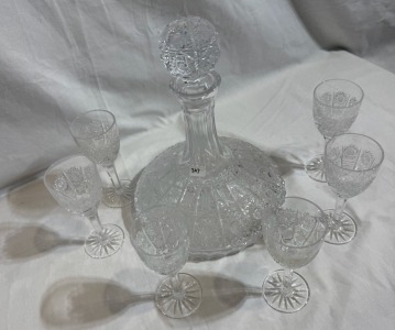 Antique Glass - Crystal Ships Decanter with 6 Matching Glasses