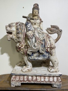Asian Artwork - Asian Artwork - Guanyin riding a mythological beast - Hand carved timber
