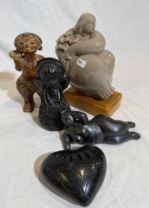 Pottery x 5 - Female figures x 3, heart x 1 pottery figurines, South American Female figurine, 25 cm x1