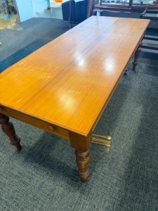 Furniture - Late Victorian Two Slab Pine Dining Table with draw, L 213 x W 86 x H 76cm Has had old restoration.
