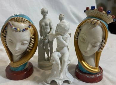 Figurine x 5 -2x Unknown Artist, Female nude, Bisque, H 15cm, Repaired neck x 1, 2x Eugenio Pattarino, Italy, Madonna Busts, Ceramic Sculptures, Initialled to base,H 16cm, 1x Ernst Bohne, Germany, Pan on Plinth, Porcelain, Stamp to base, H 13cm