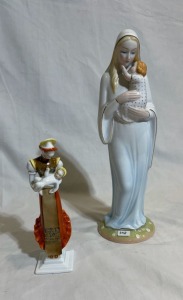 Religious Artifact x2 - Herend, Madonna with Child, Hand painted Hungarian Porcelain, Marked to base, H 18cm. & Giovanni Ronzan, Madonna with child, Porcelain, Original Tofina # 456 Italy to base, H 30cm