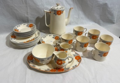 Antique China - Coffee Set - Baker Bros. Staffordshire - Tudor ware. Bright orange flowers