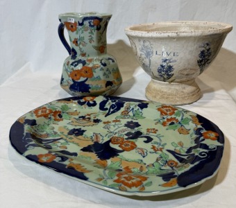 Pottery x 3- Decorative pottery consisting of three pieces including French lavender pot and Ironstone Jug and Carving Dish