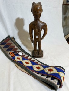 Tribal x3- 1 x Carved wooden tribal female. 43 cm & 2x Vintage African beadworks, L 120cm, L 90cm, Some wear.