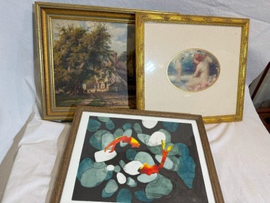 Artwork x3 - 1 x Nude, Oval shaped print, 38 x 34cm, 2x Siamese Fighting Fish, Watercolour, 22 x 30cm, 3x Farmhouse scene, Oil on Board, 34 x 26cm.