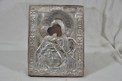 Silver - Antique Russian Icon, Restoration to face, Unable to find Mark, H 27 x W 22cm