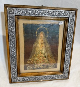 Religious Art - Original painting of an Angel hand painted on tin with timber and silver frame, 34 x 29cm.