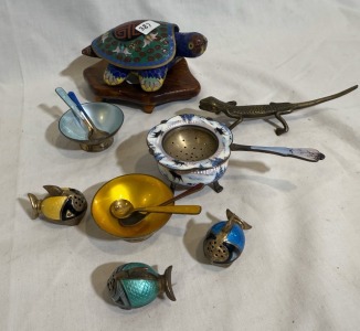 Asian Decorative Arts - Group Lot Cloisonne (4) - Including Turtle, Tea strainer, Fish S&P with spoons, Brass Gecko, Some items marked 925.