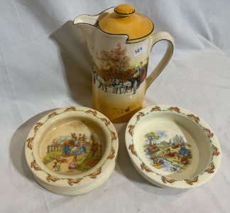 Antique China - Royal Doulton - 2 Bunnykins Bowls, 1 Coaching scene Hot Chocolate Pot