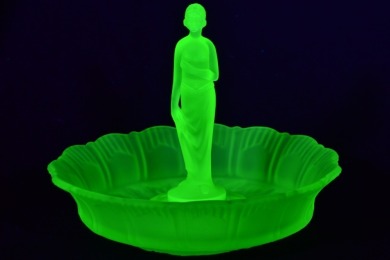 Uranium Glass - Float Bowl Belted Lady centrepiece married with a Sowerby Rose bowl