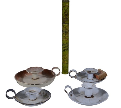 Group Lot - Enamelled candle holders and taper tin
