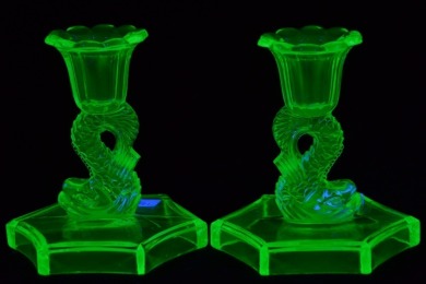 Uranium Glass - Fish Candlesticks
