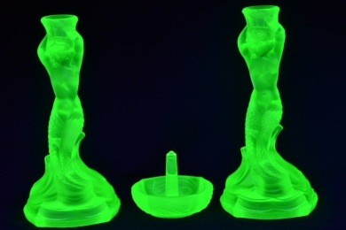 Uranium Glass - Nymph Candlesticks & Ring Holder