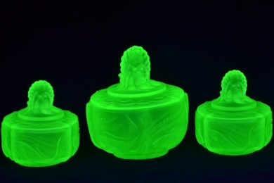 Uranium Glass - Nymph Dressing table Trinket boxes x3