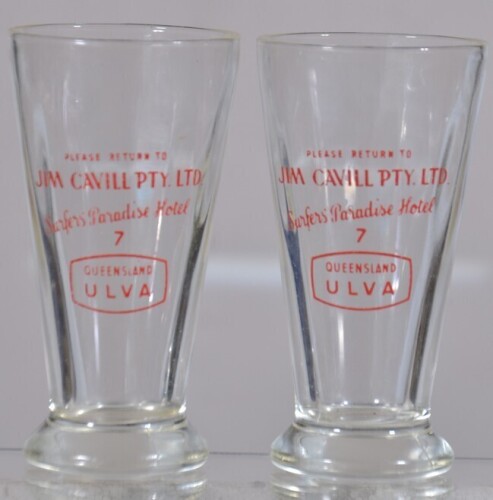 Advertising Glasses x2 - Jim Cavill Pty Ltd, Surfers Paradise Hotel