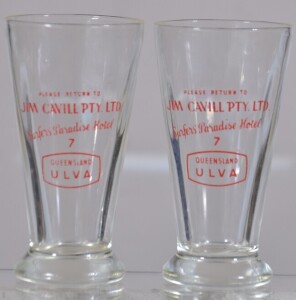 Advertising Glasses x2 - Jim Cavill Pty Ltd, Surfers Paradise Hotel