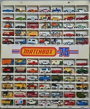 Matchbox 75 Display featuring cars from years 1977 - 1981 with boxes