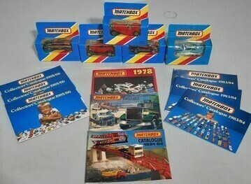 Matchbox Cars in boxes 1981 x5 with Matchbox Catalogues x9 Various years